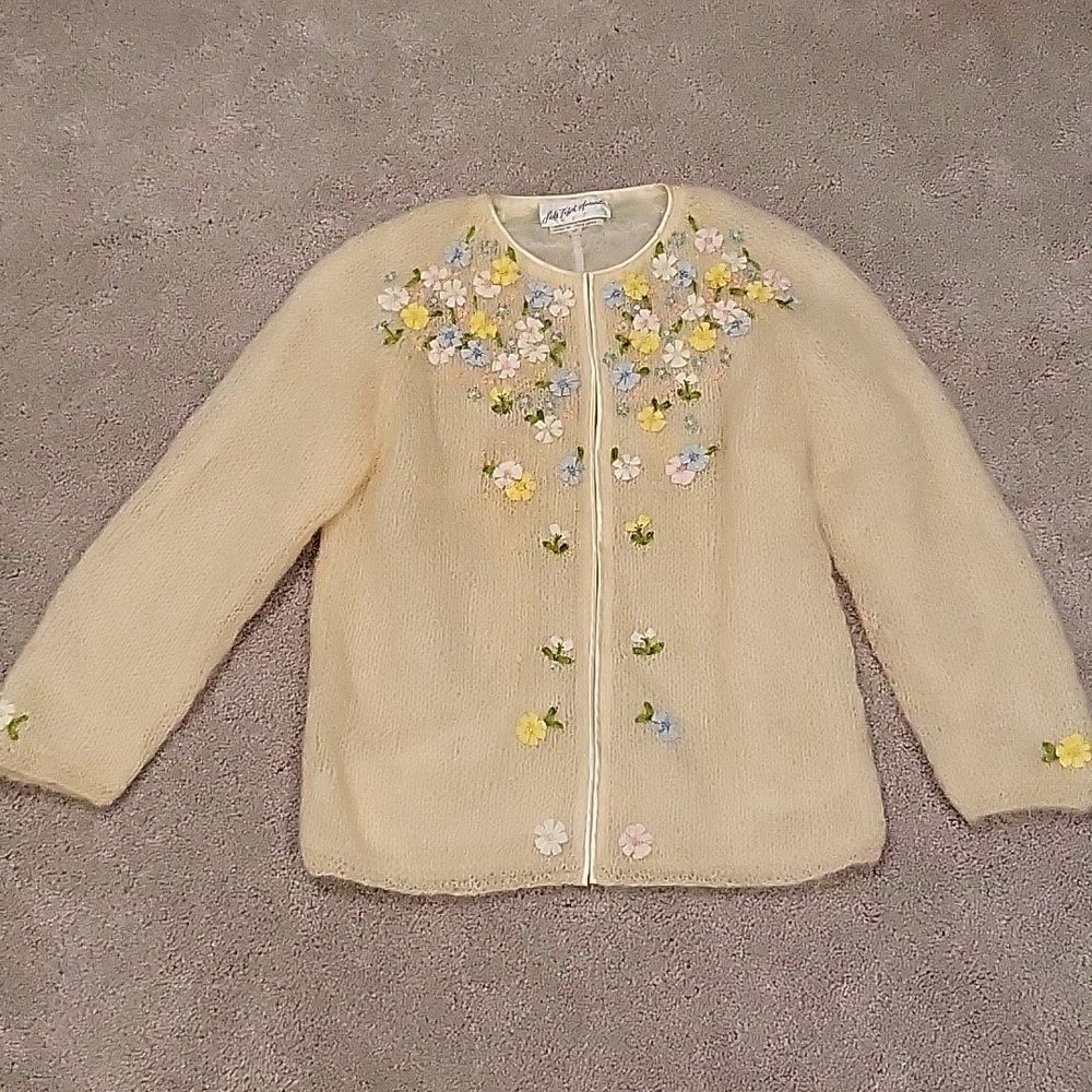 50s/60s Vintage Floral English Garden Cardigan Mohair Wool Blend‎ Size Small